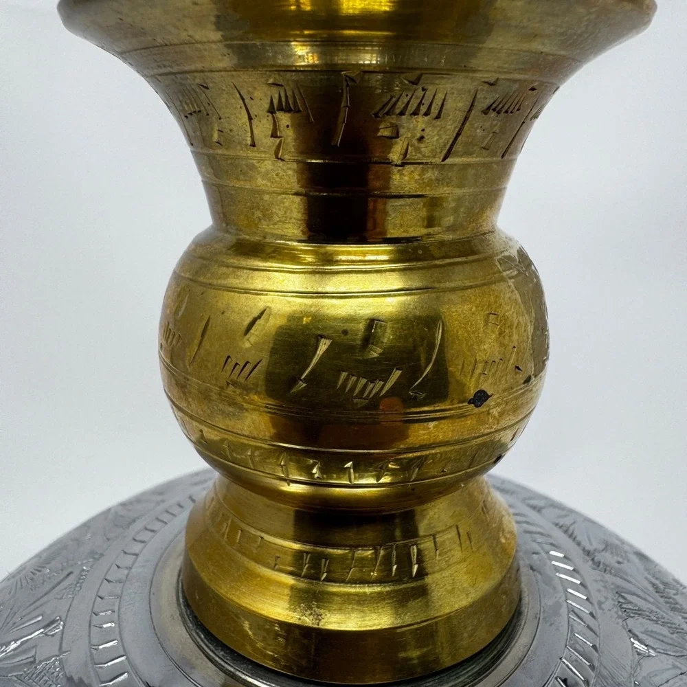 Vintage Indian Brass Silver-Tone Engraved Vase 2-Piece Floral Globe 8.5in Decor
